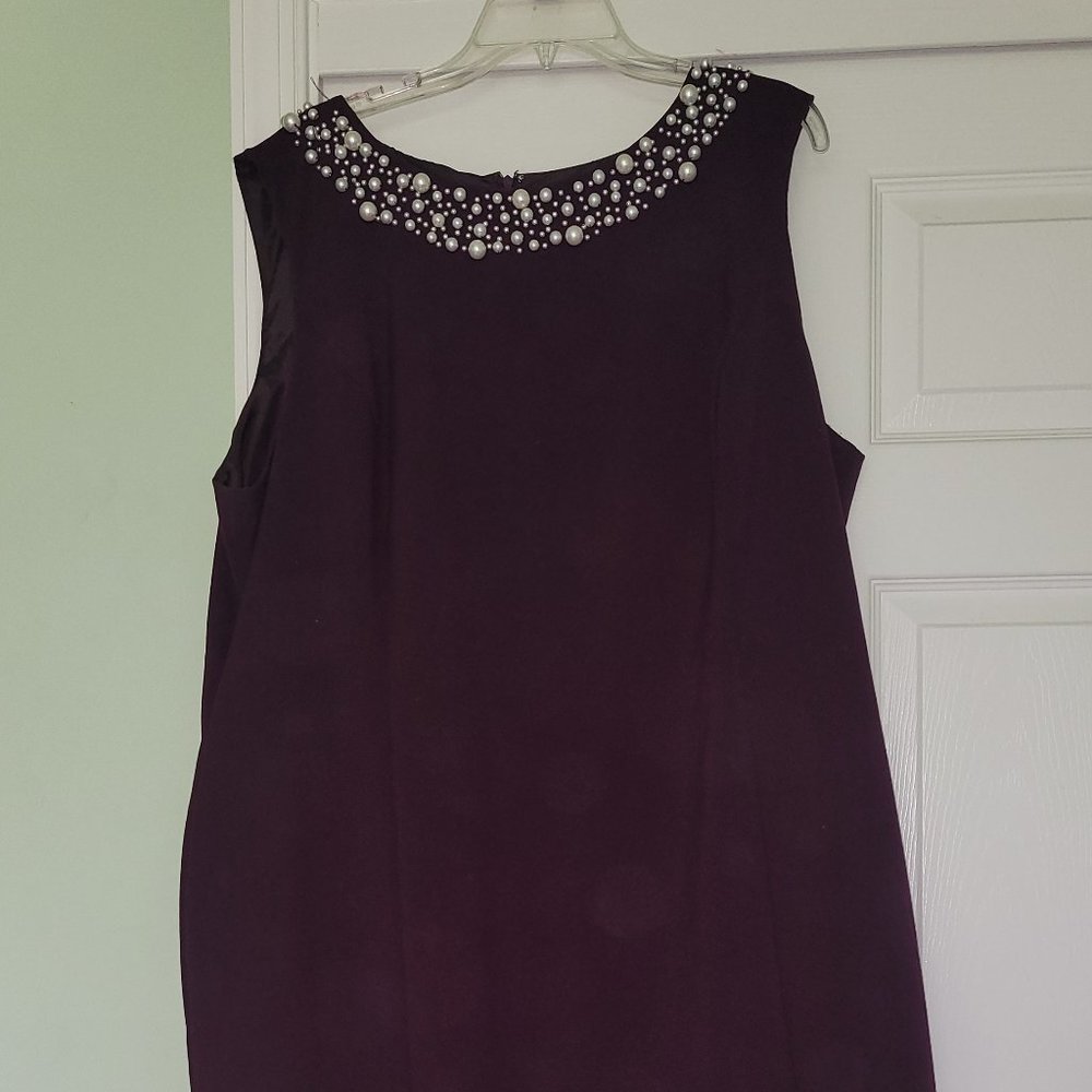 Plus & Tall Sleeveless Sheath Dress in Purple with pearl neckline
